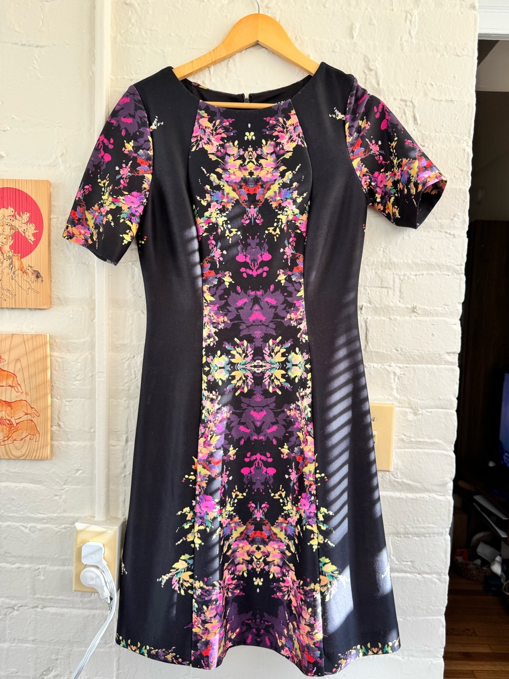 Tahari Black/Multicolor Floral Inkblot Fit-and-Flare Dress